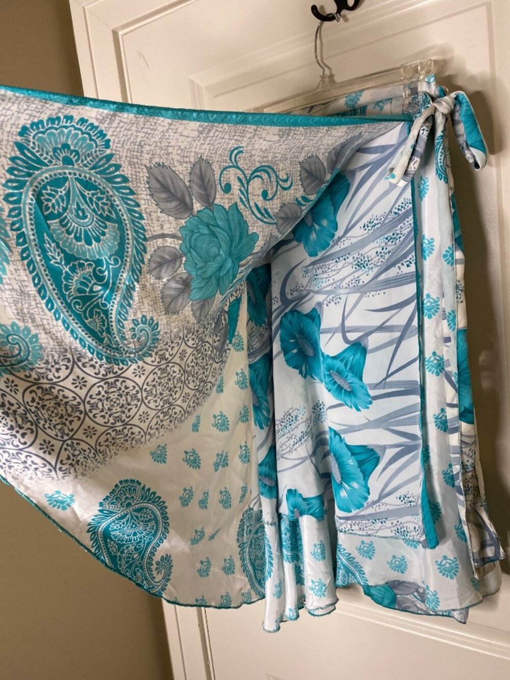 Reversible Silk Magic Wrap Skirt Teal Floral Paisley Boho Festival Beach OS - Picture 7 of 11